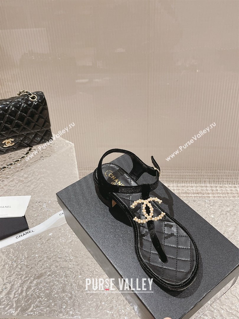 Chanel Velvet Heel Thong Sandals 4cm with Pears CC Black 2024 0322 (MD-240322110)