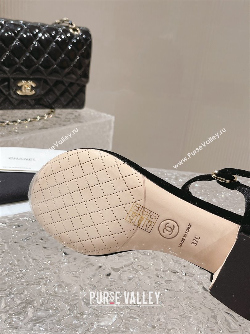 Chanel Velvet Heel Thong Sandals 4cm with Pears CC Black 2024 0322 (MD-240322110)