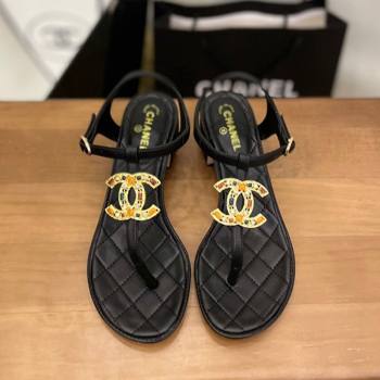 Chanel Lambskin Heel Thong Sandals 4cm with Stone CC Black 2024 0322 (MD-240322113)