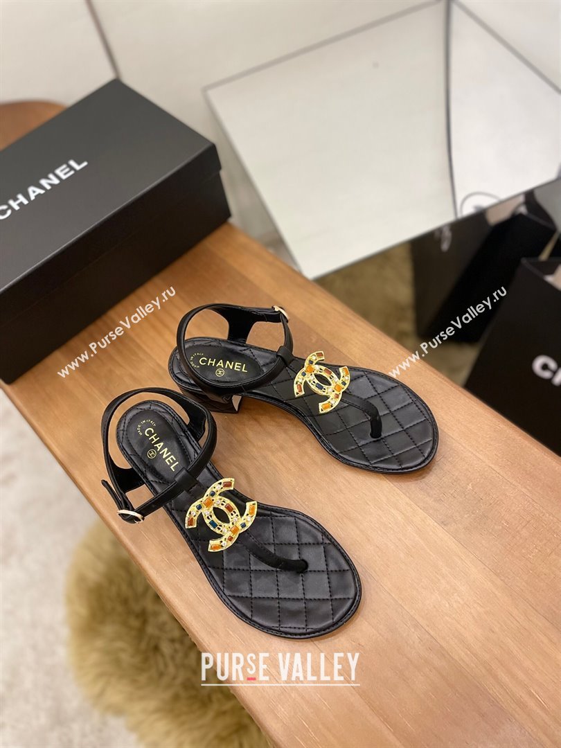 Chanel Lambskin Heel Thong Sandals 4cm with Stone CC Black 2024 0322 (MD-240322113)