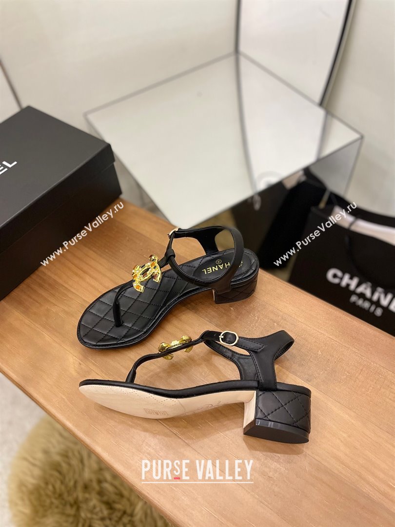 Chanel Lambskin Heel Thong Sandals 4cm with Stone CC Black 2024 0322 (MD-240322113)