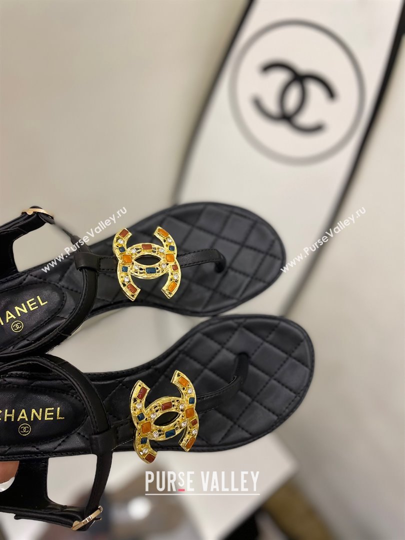 Chanel Lambskin Heel Thong Sandals 4cm with Stone CC Black 2024 0322 (MD-240322113)