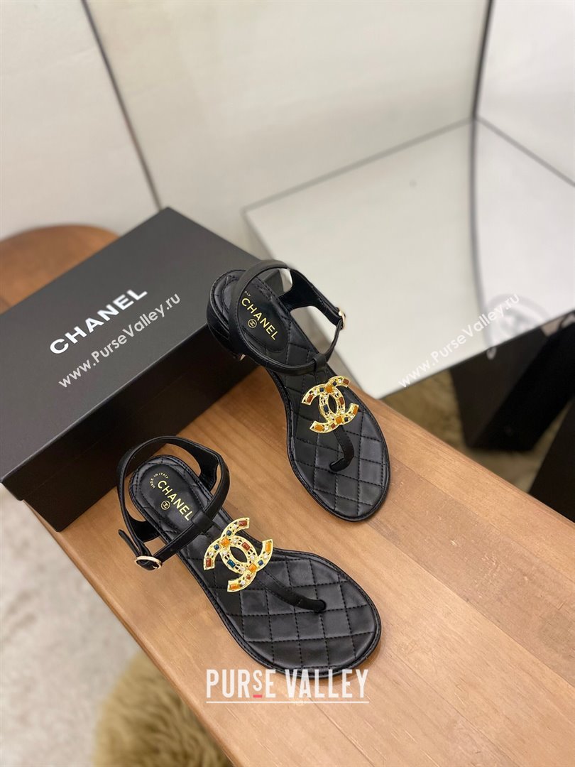 Chanel Lambskin Heel Thong Sandals 4cm with Stone CC Black 2024 0322 (MD-240322113)