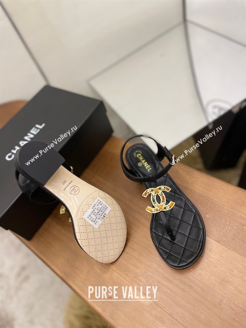 Chanel Lambskin Heel Thong Sandals 4cm with Stone CC Black 2024 0322 (MD-240322113)