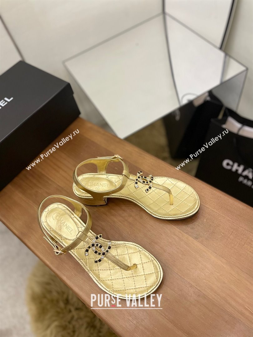 Chanel Lambskin Heel Thong Sandals 4cm with Stone CC Gold 2024 0322 (MD-240322115)