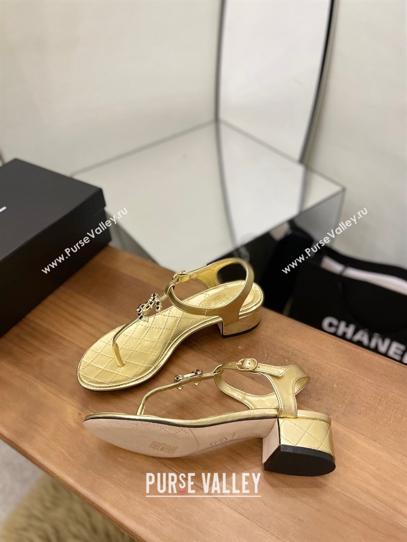 Chanel Lambskin Heel Thong Sandals 4cm with Stone CC Gold 2024 0322 (MD-240322115)