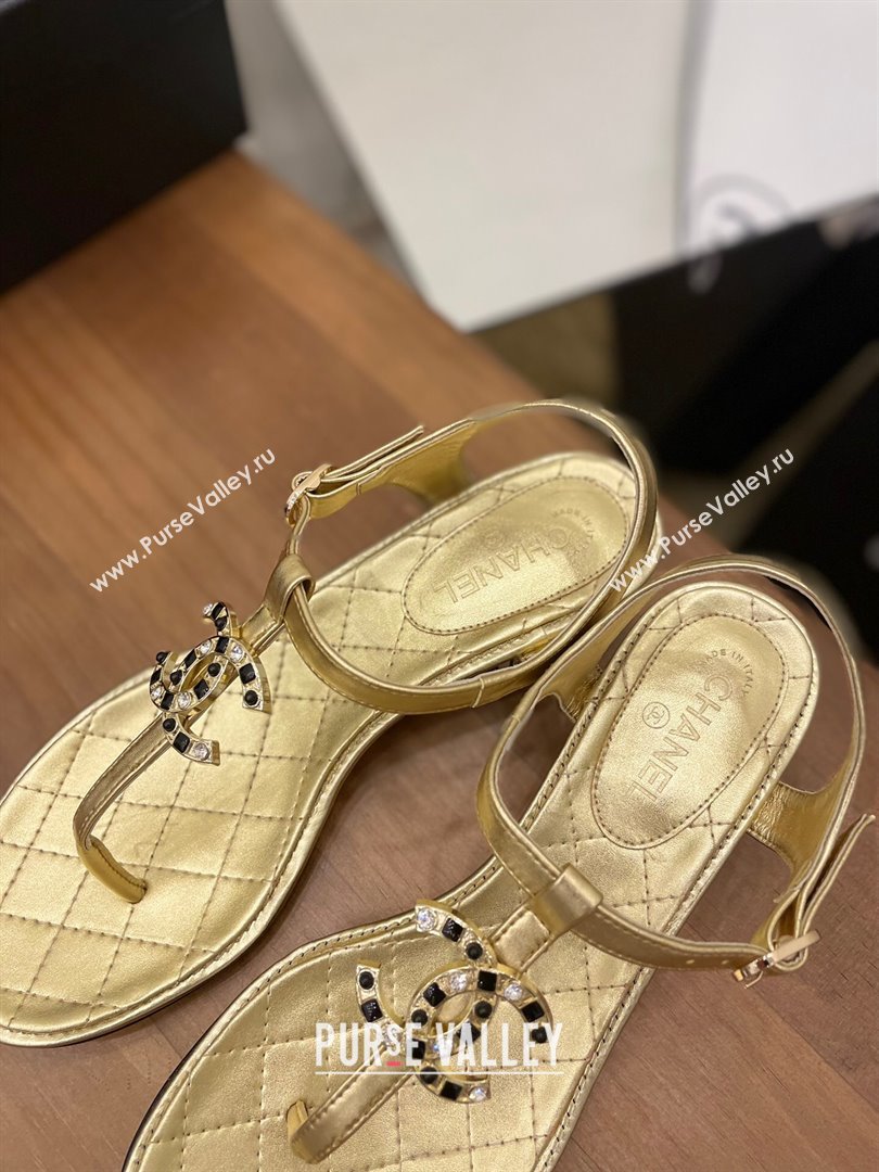 Chanel Lambskin Heel Thong Sandals 4cm with Stone CC Gold 2024 0322 (MD-240322115)