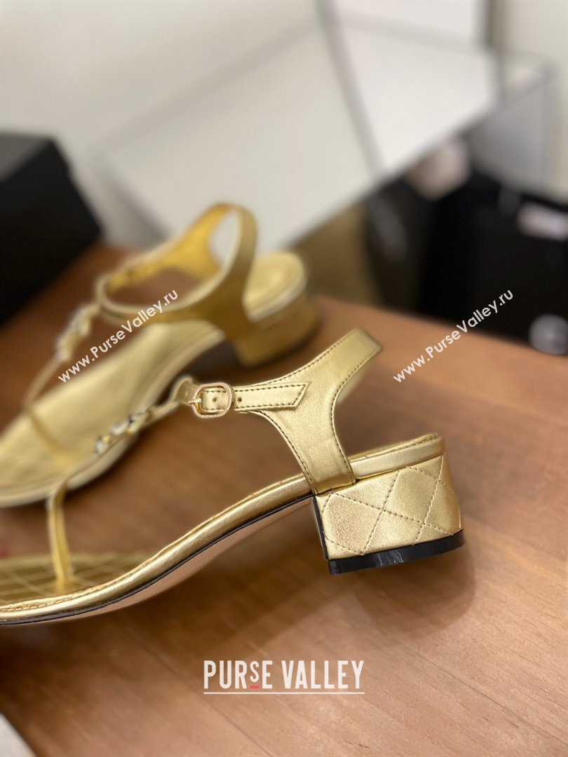 Chanel Lambskin Heel Thong Sandals 4cm with Stone CC Gold 2024 0322 (MD-240322115)