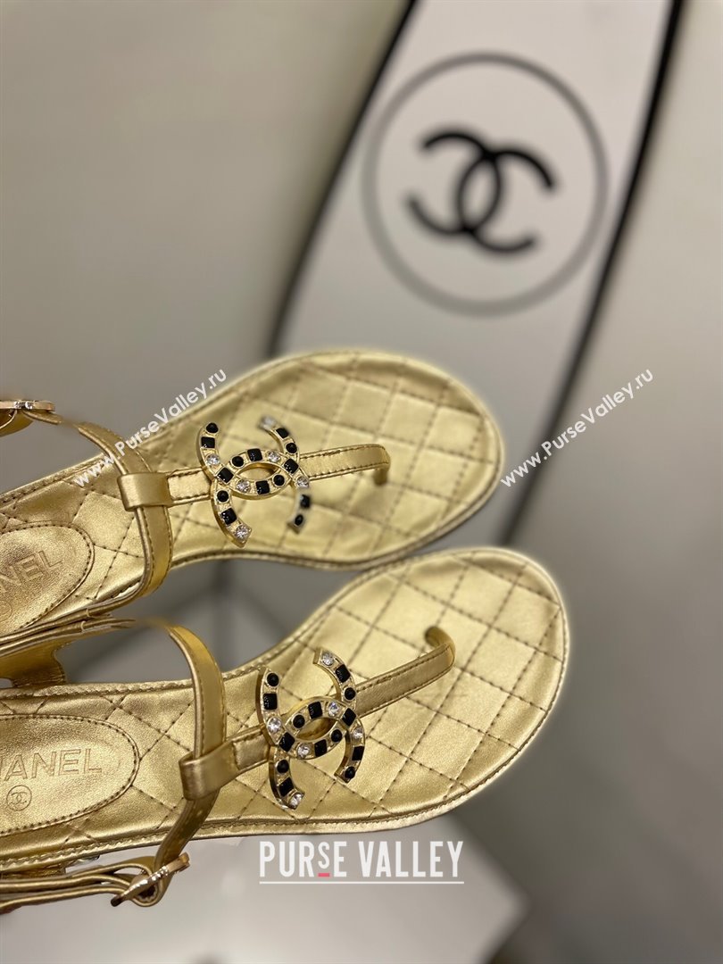 Chanel Lambskin Heel Thong Sandals 4cm with Stone CC Gold 2024 0322 (MD-240322115)