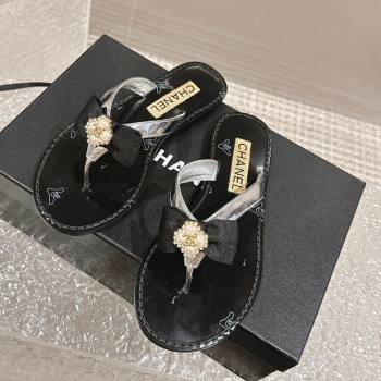 Chanel Calfskin Flat Slide Thong Sandals with Pearls Bow Silver 2024 0322 (MD-240322116)