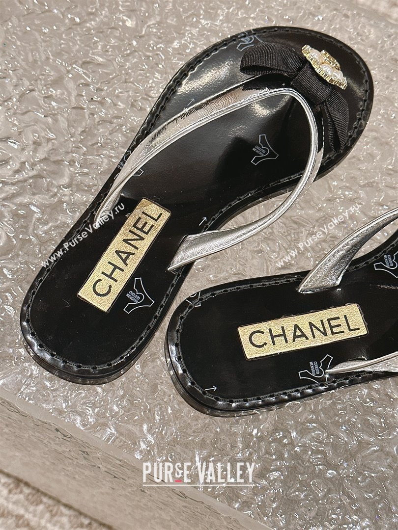Chanel Calfskin Flat Slide Thong Sandals with Pearls Bow Silver 2024 0322 (MD-240322116)