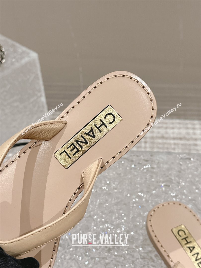 Chanel Calfskin Flat Slide Thong Sandals with Pearls Bow Beige 2024 0322 (MD-240322117)