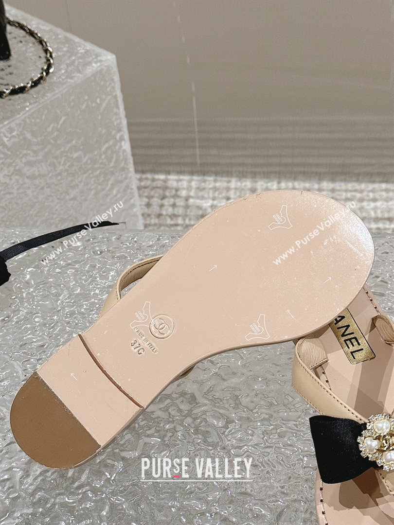 Chanel Calfskin Flat Slide Thong Sandals with Pearls Bow Beige 2024 0322 (MD-240322117)