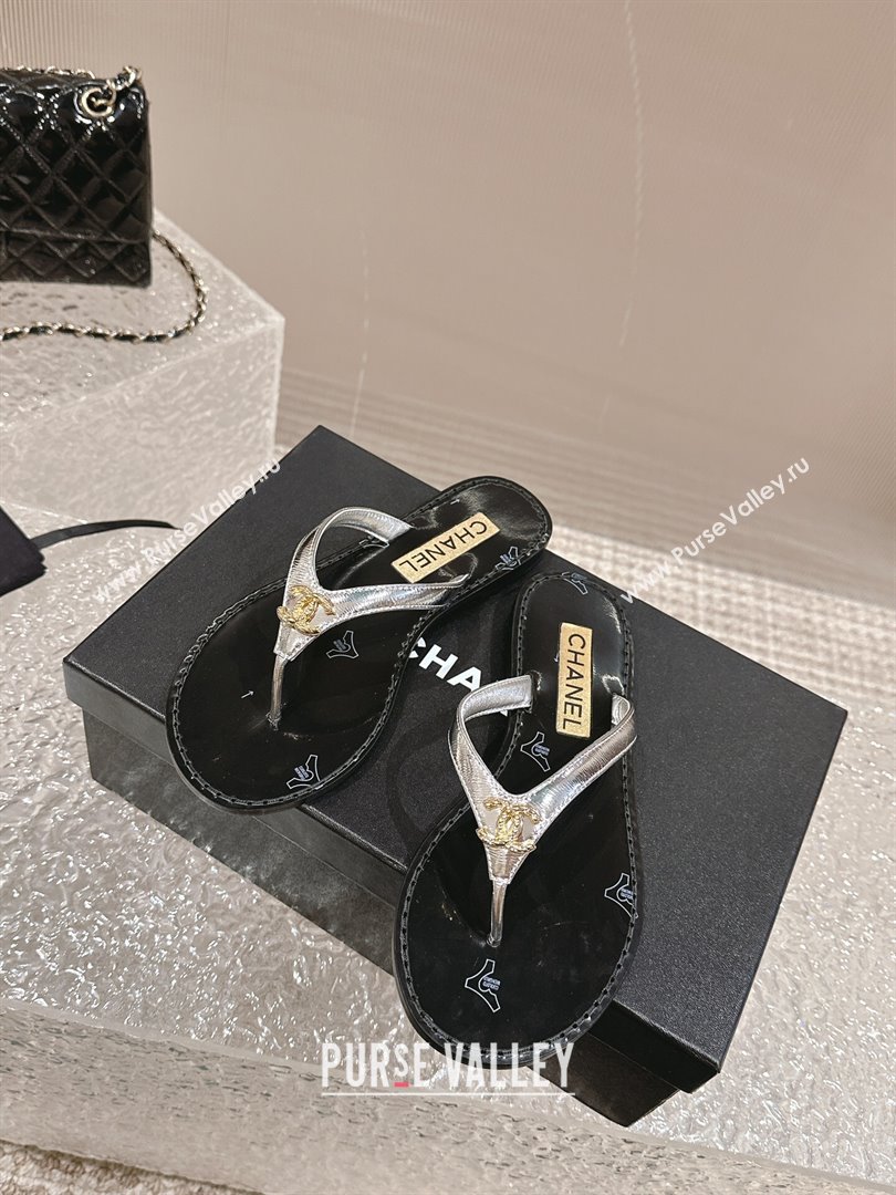 Chanel Calfskin Flat Slide Thong Sandals with Metal-Tone CC Silver 2024 0322 (MD-240322119)