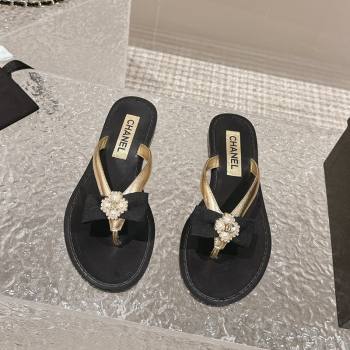 Chanel Calfskin Flat Slide Thong Sandals with Pearl Bow Gold 2024 032202 (MD-240322123)