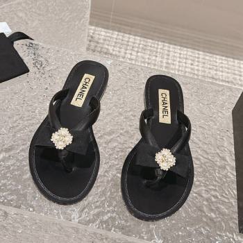 Chanel Calfskin Flat Slide Thong Sandals with Pearl Bow Black 2024 032202 (MD-240322124)