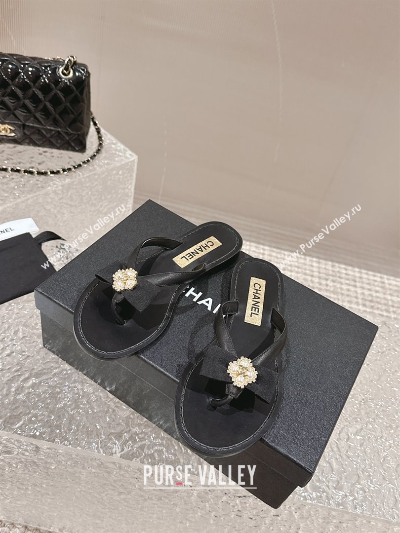 Chanel Calfskin Flat Slide Thong Sandals with Pearl Bow Black 2024 032202 (MD-240322124)