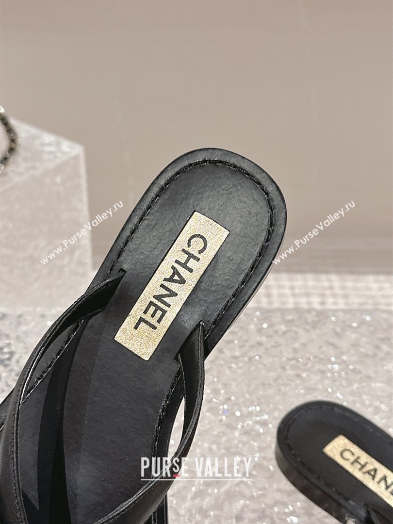 Chanel Calfskin Flat Slide Thong Sandals with Pearl Bow Black 2024 032202 (MD-240322124)