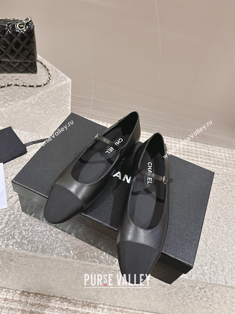 Chanel Calfskin Grosgrain Mary Janes Ballet Flat with Crystals CC Black 2024 0322 (MD-240322125)