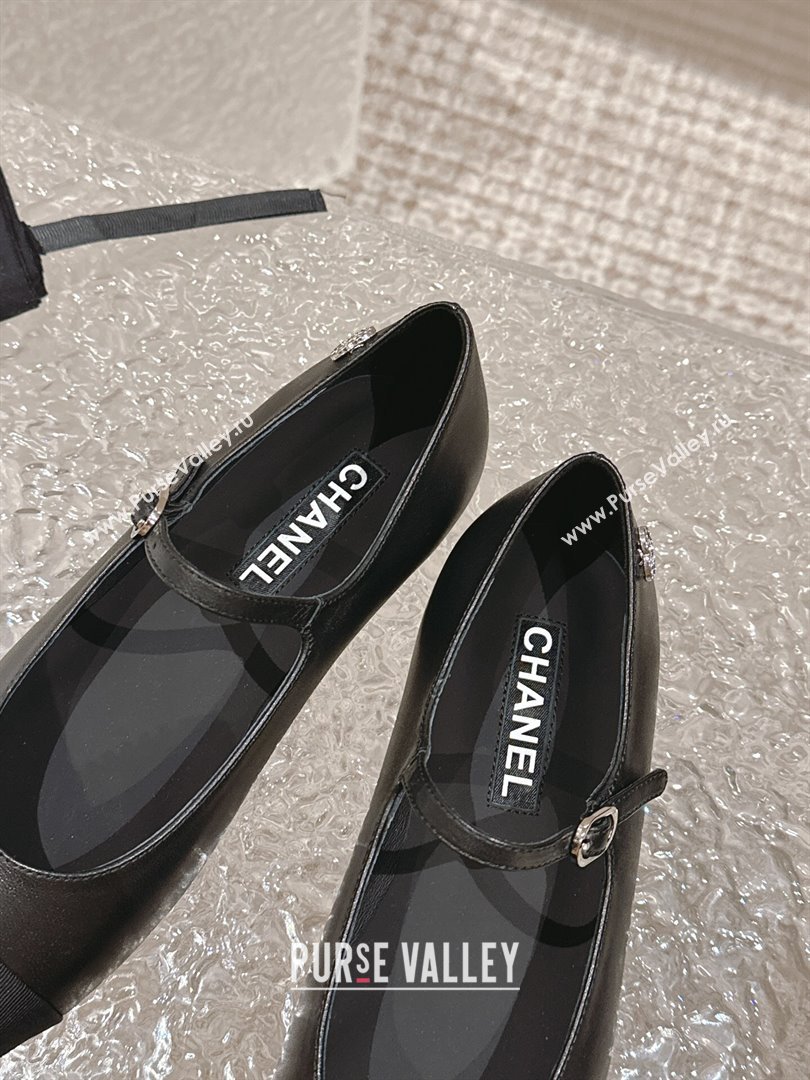 Chanel Calfskin Grosgrain Mary Janes Ballet Flat with Crystals CC Black 2024 0322 (MD-240322125)