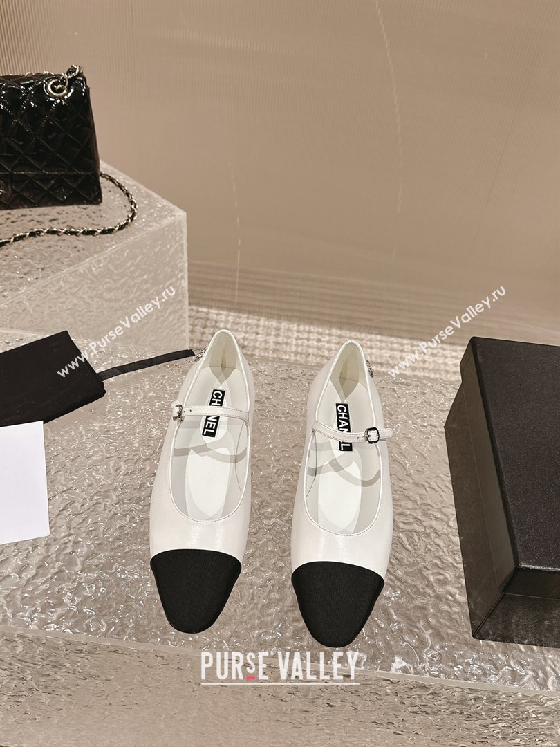 Chanel Calfskin Grosgrain Mary Janes Ballet Flat with Crystals CC White 2024 0322 (MD-240322126)