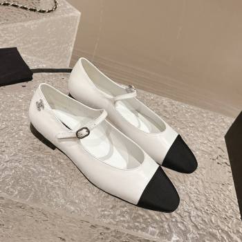 Chanel Calfskin Grosgrain Mary Janes Ballet Flat with Crystals CC White 2024 0322 (MD-240322126)