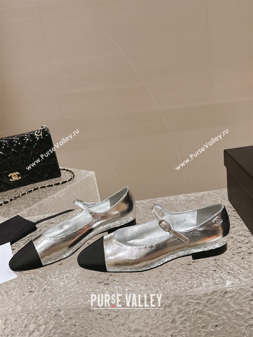 Chanel Calfskin Grosgrain Mary Janes Ballet Flat Silver 2024 0322 (MD-240322127)