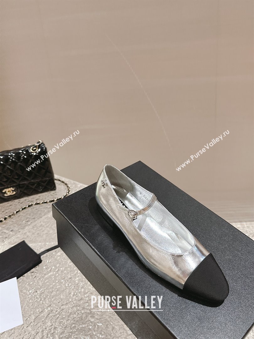 Chanel Calfskin Grosgrain Mary Janes Ballet Flat Silver 2024 0322 (MD-240322127)