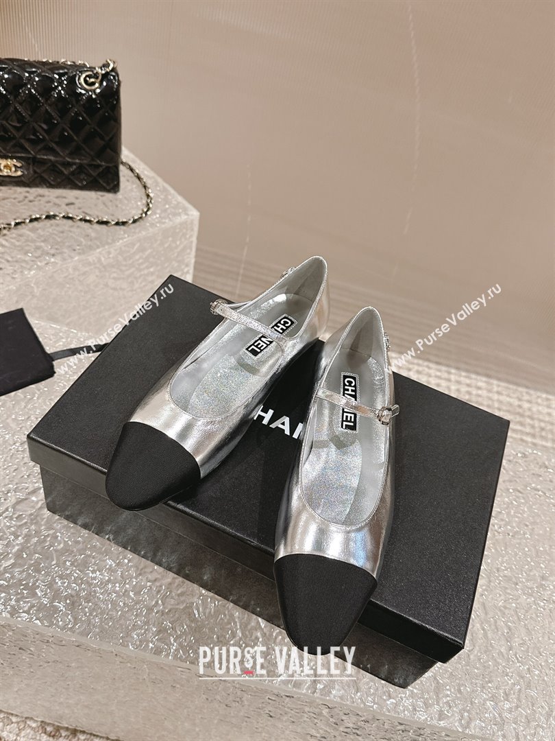 Chanel Calfskin Grosgrain Mary Janes Ballet Flat Silver 2024 0322 (MD-240322127)