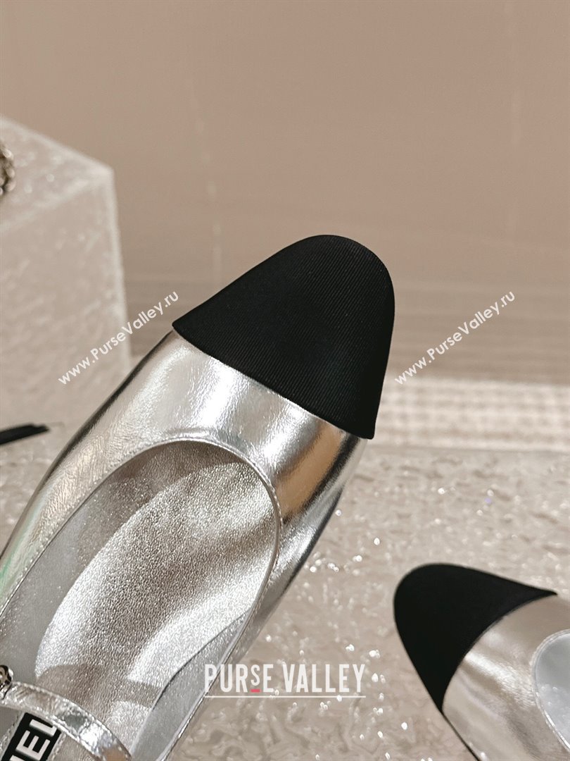 Chanel Calfskin Grosgrain Mary Janes Ballet Flat Silver 2024 0322 (MD-240322127)