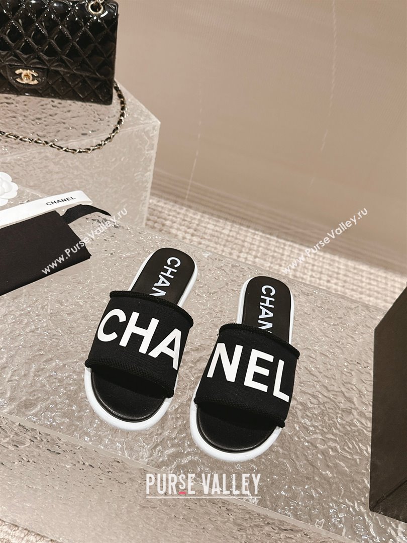 Chanel Knit Fabric Flat Slide Sandals with Logo Black/White2 2024 0322 (MD-240322133)