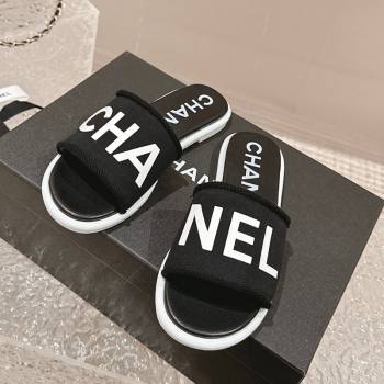 Chanel Knit Fabric Flat Slide Sandals with Logo Black/White2 2024 0322 (MD-240322133)