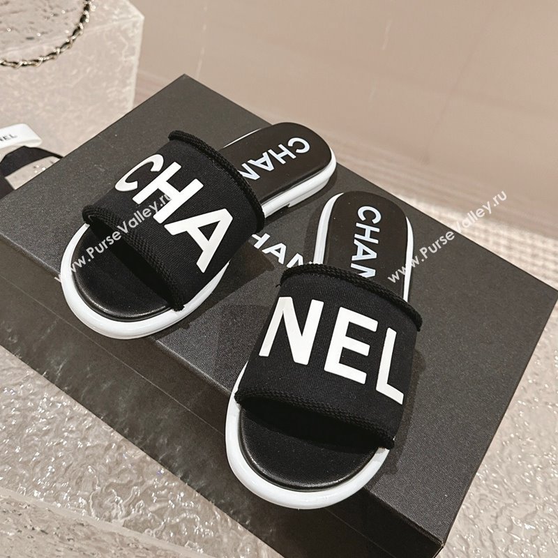 Chanel Knit Fabric Flat Slide Sandals with Logo Black/White2 2024 0322 (MD-240322133)