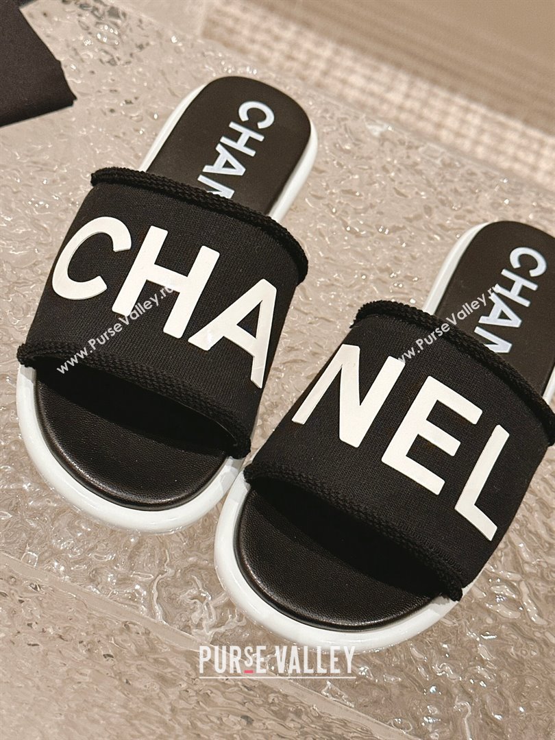 Chanel Knit Fabric Flat Slide Sandals with Logo Black/White2 2024 0322 (MD-240322133)