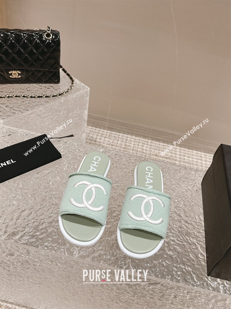 Chanel Knit Fabric Flat Slide Sandals with CC Green 2024 0322 (MD-240322138)