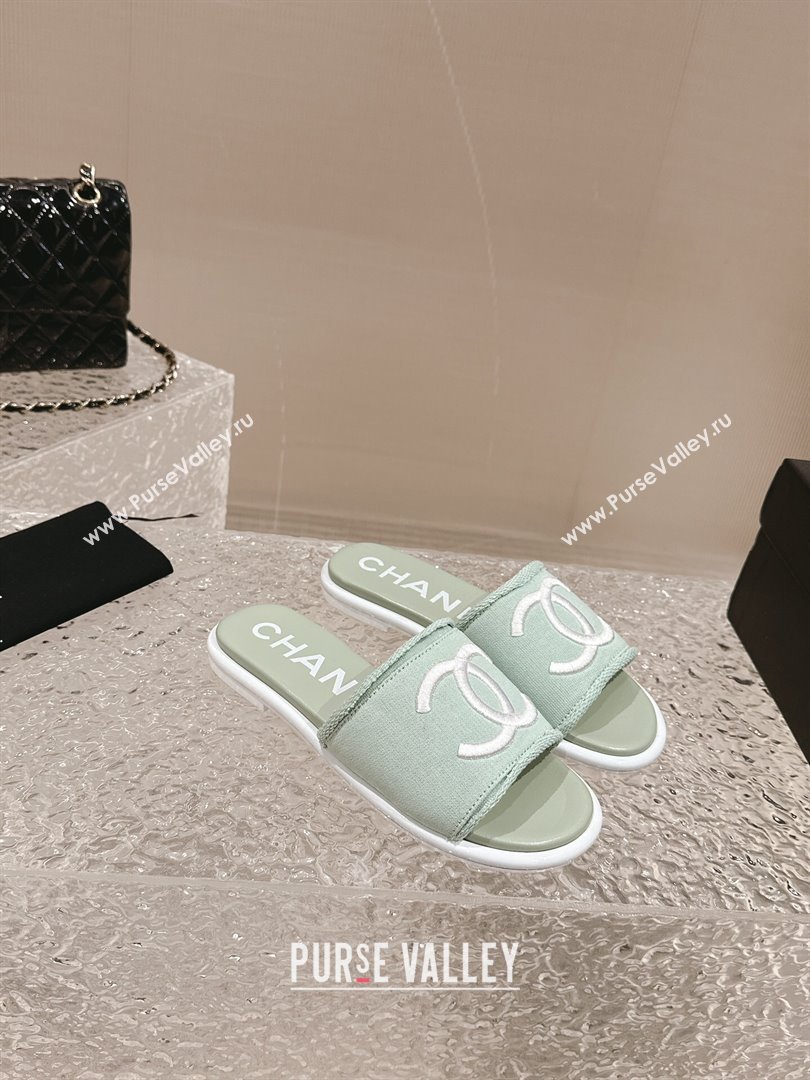 Chanel Knit Fabric Flat Slide Sandals with CC Green 2024 0322 (MD-240322138)