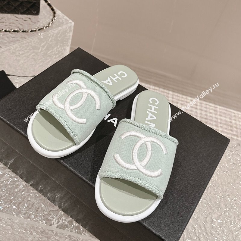 Chanel Knit Fabric Flat Slide Sandals with CC Green 2024 0322 (MD-240322138)