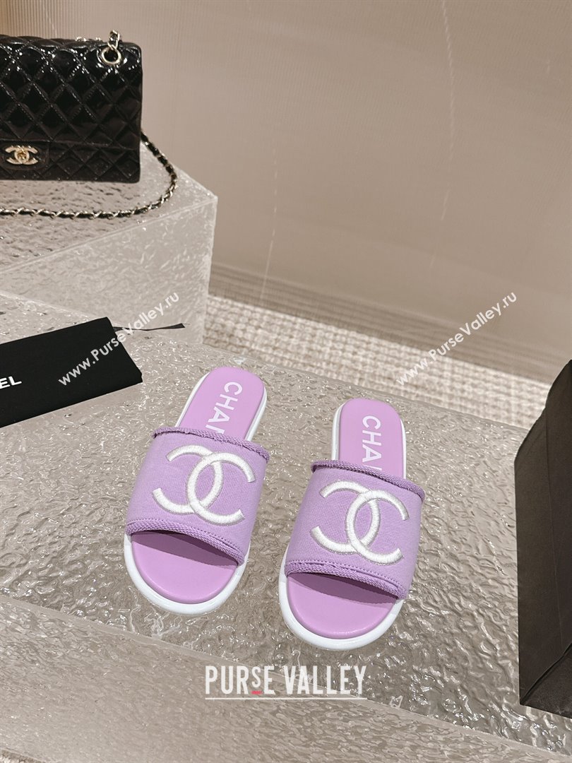 Chanel Knit Fabric Flat Slide Sandals with CC Purple 2024 0322 (MD-240322140)