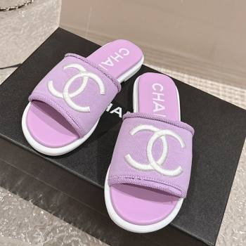 Chanel Knit Fabric Flat Slide Sandals with CC Purple 2024 0322 (MD-240322140)