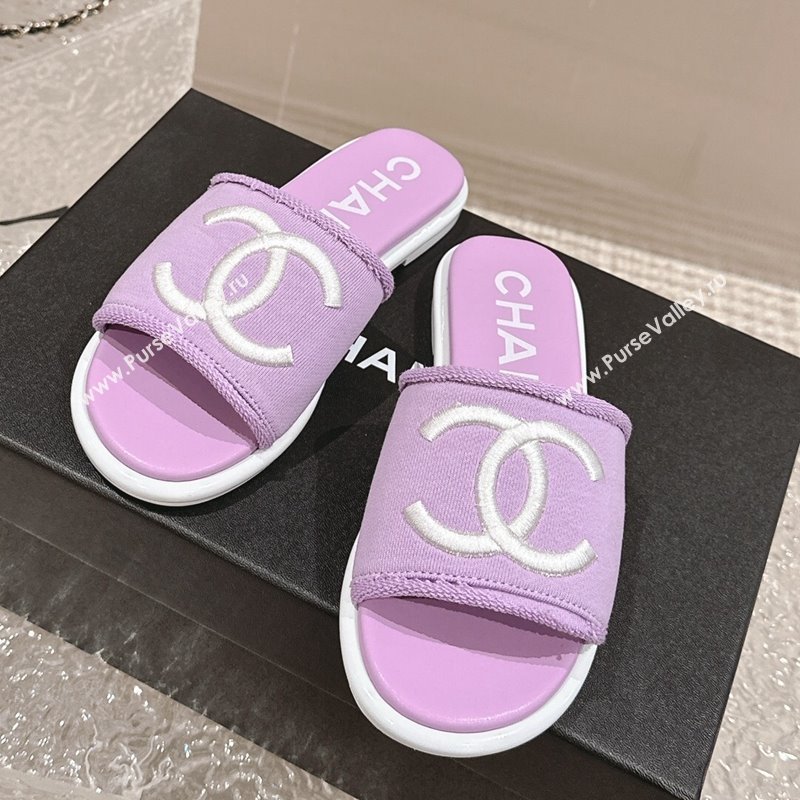 Chanel Knit Fabric Flat Slide Sandals with CC Purple 2024 0322 (MD-240322140)