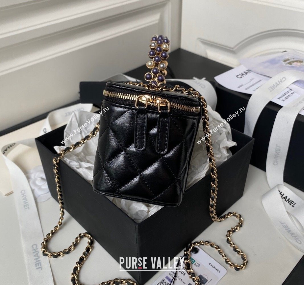 Chanel Shiny Crumpled Lambskin Clutch with Chain and Pearls Top Handle AP3804 Black 2024 (yezi-240411001)