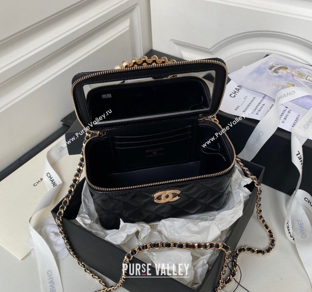 Chanel Shiny Crumpled Lambskin Clutch with Chain and Pearls Top Handle AP3804 Black 2024 (yezi-240411001)