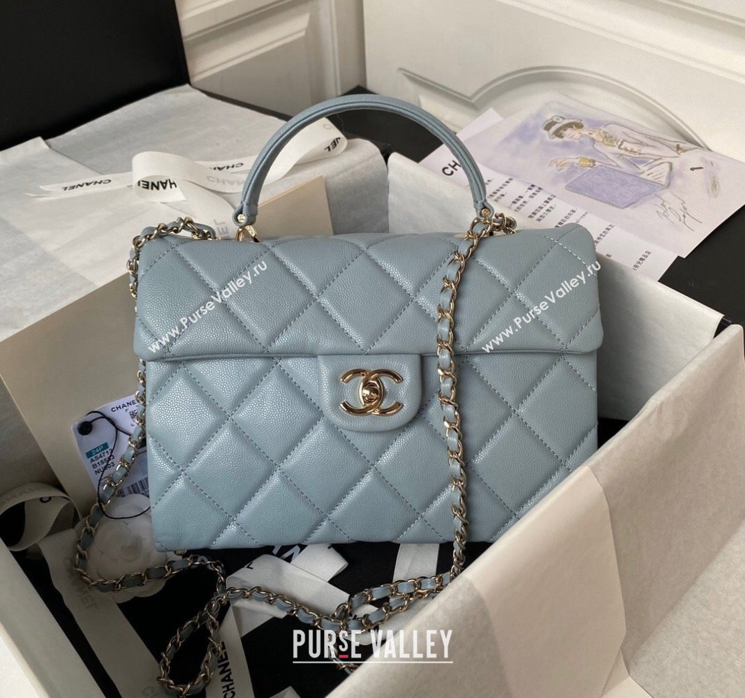 Chanel Grained Calfskin Medium Flap Bag with Top Handle AS4712 Light Blue 2024 (yezi-240411029)