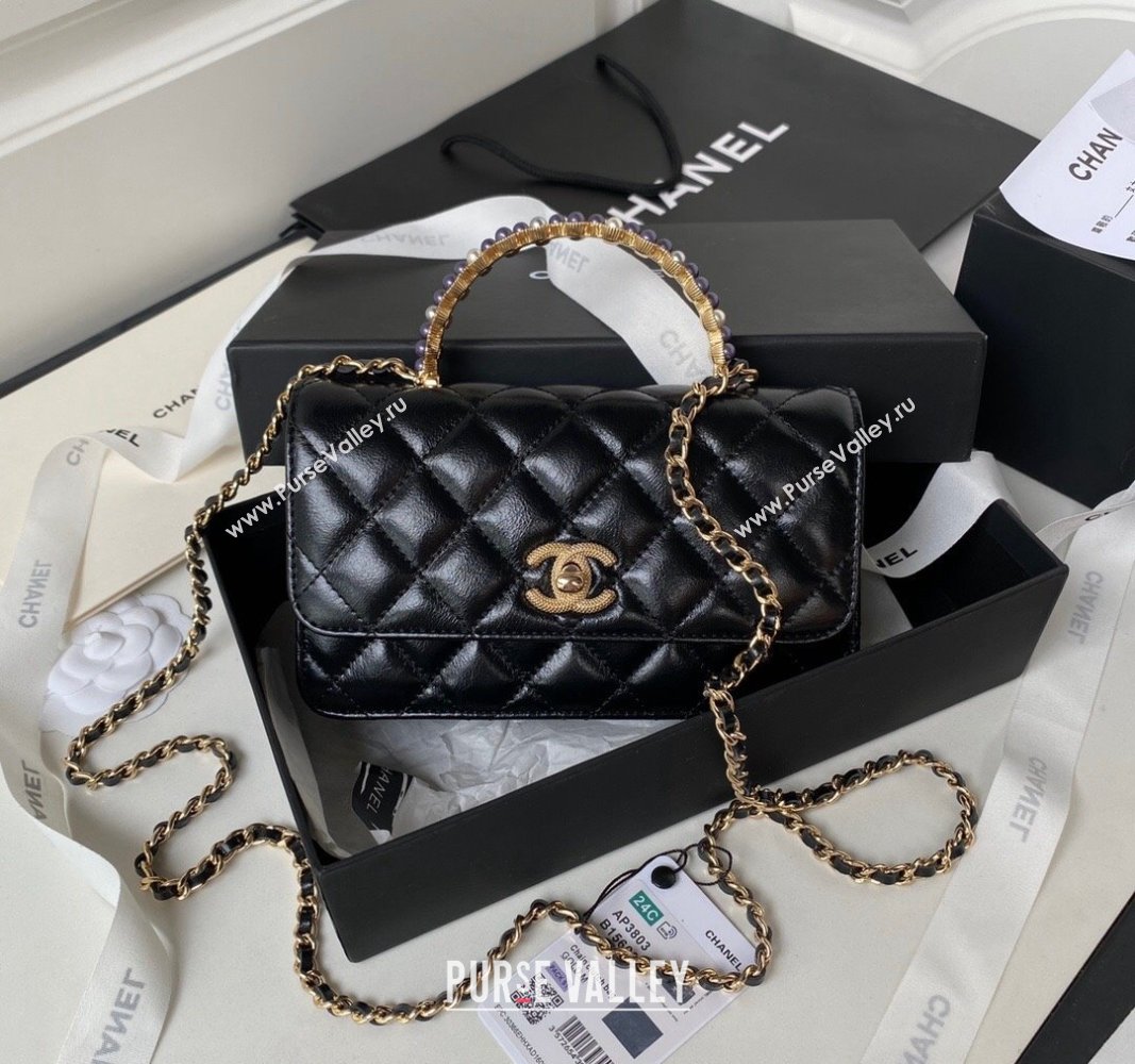 Chanel Shiny Crumpled Lambskin Clutch with Chain and Pearls Top Handle AP3803 Black 2024 (yezi-240411006)