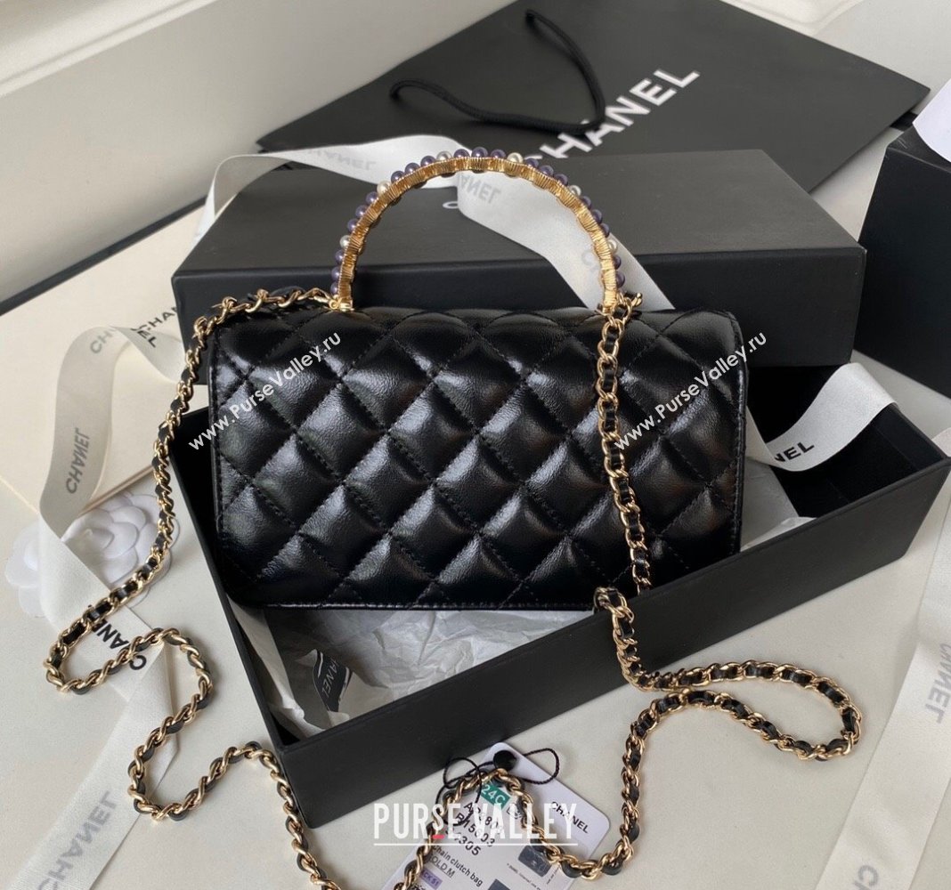 Chanel Shiny Crumpled Lambskin Clutch with Chain and Pearls Top Handle AP3803 Black 2024 (yezi-240411006)