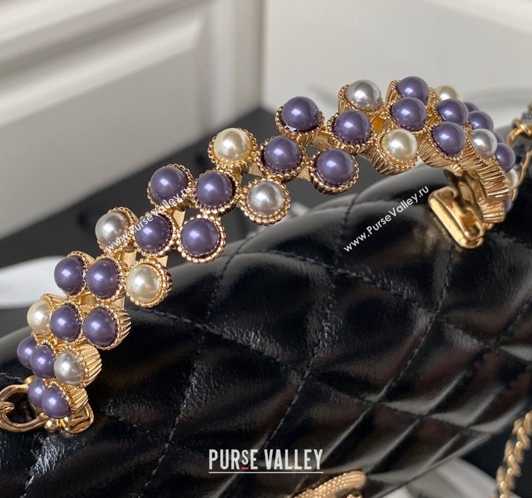 Chanel Shiny Crumpled Lambskin Clutch with Chain and Pearls Top Handle AP3803 Black 2024 (yezi-240411006)