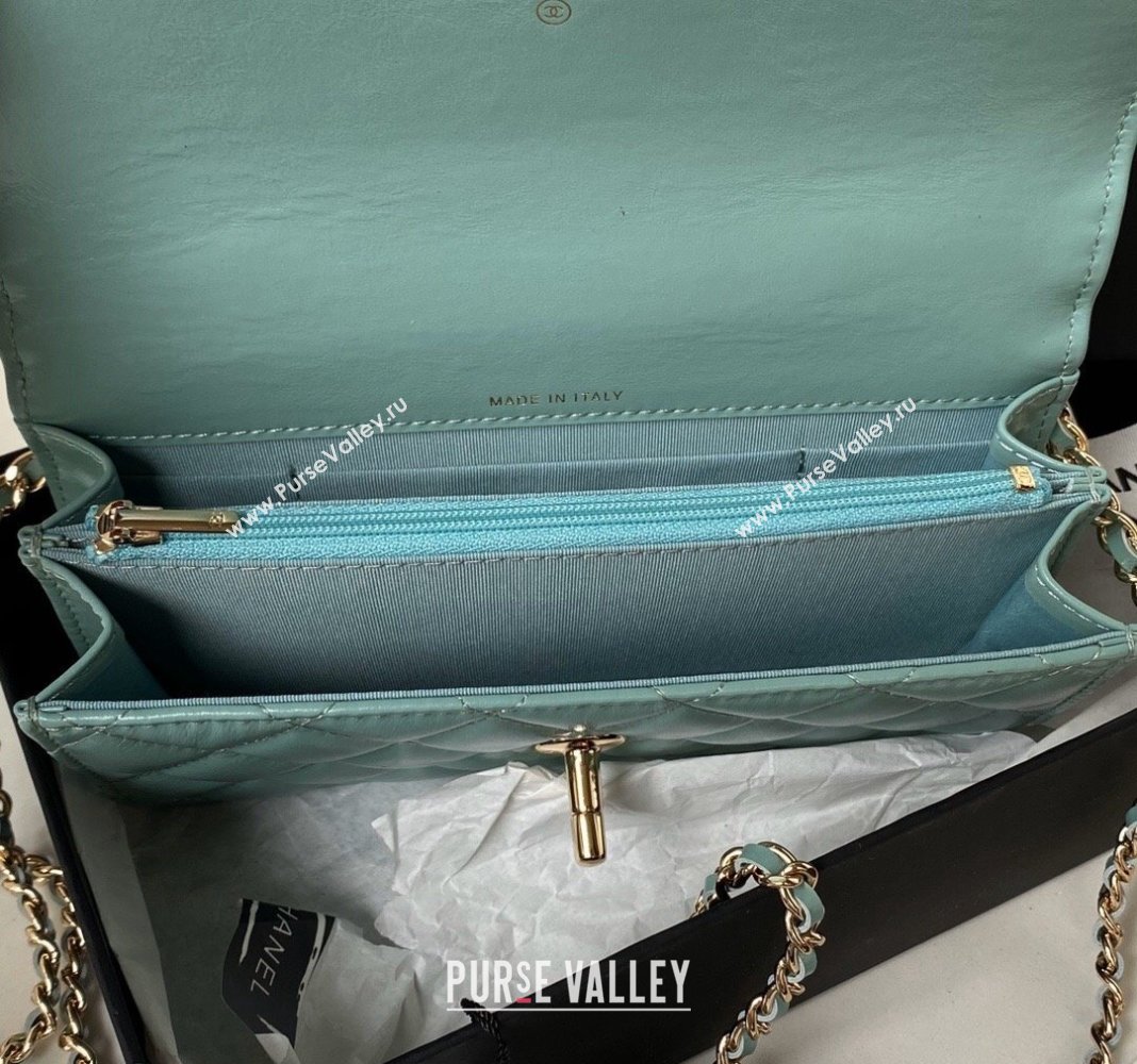 Chanel Shiny Crumpled Lambskin Clutch with Chain and Pearls Top Handle AP3803 Green 2024 (yezi-240411009)