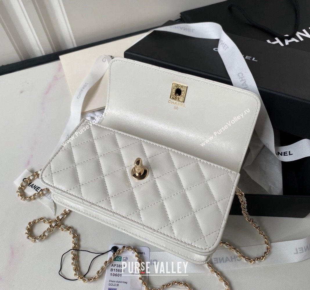 Chanel Shiny Crumpled Lambskin Clutch with Chain and Pearls Top Handle AP3803 White 2024 (yezi-240411010)