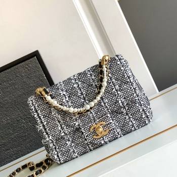 Chanel Tweed Mini Flap Bag with Chain and Pearls AS4385 Black/White 2024 (yezi-240411043)