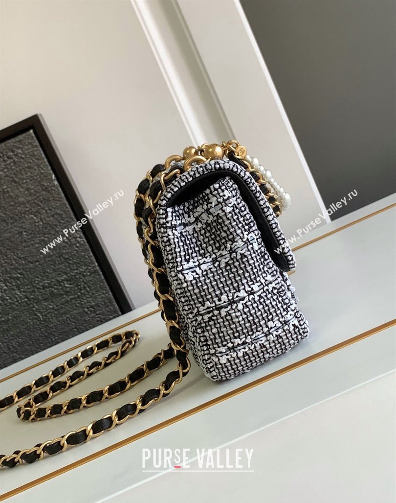 Chanel Tweed Mini Flap Bag with Chain and Pearls AS4385 Black/White 2024 (yezi-240411043)